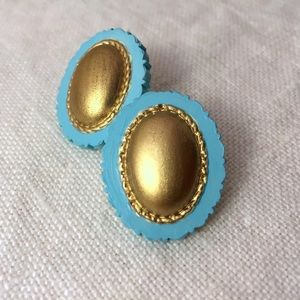 Blue & Gold Oval Stud Earrings Acrylic Resin